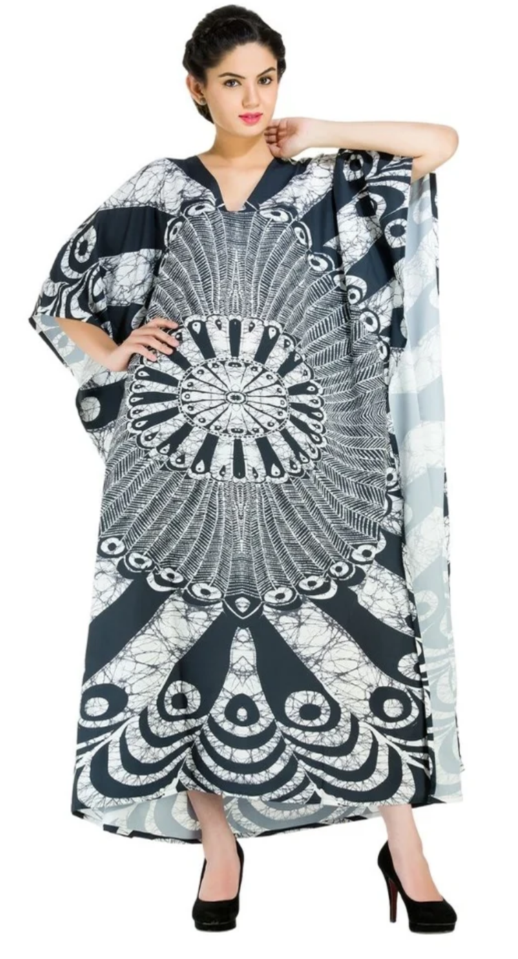 Black Peacock Medallion Polyester Plus Size Kaftan for Women 1X-3X | GypsieBlu