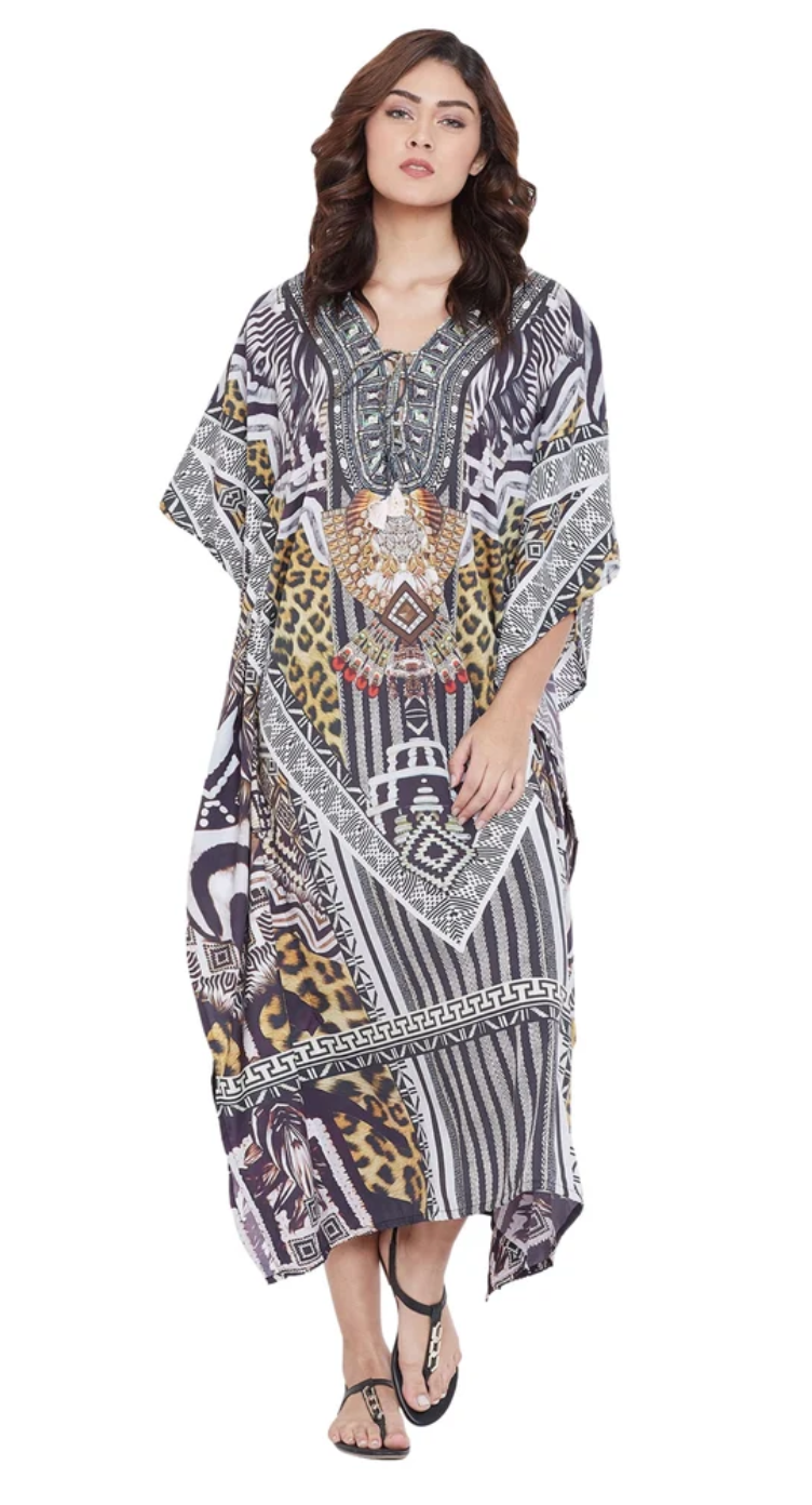 Black Tribal Polyester Plus Size Kaftan Dress for Women 1X-3X | GypsieBlu