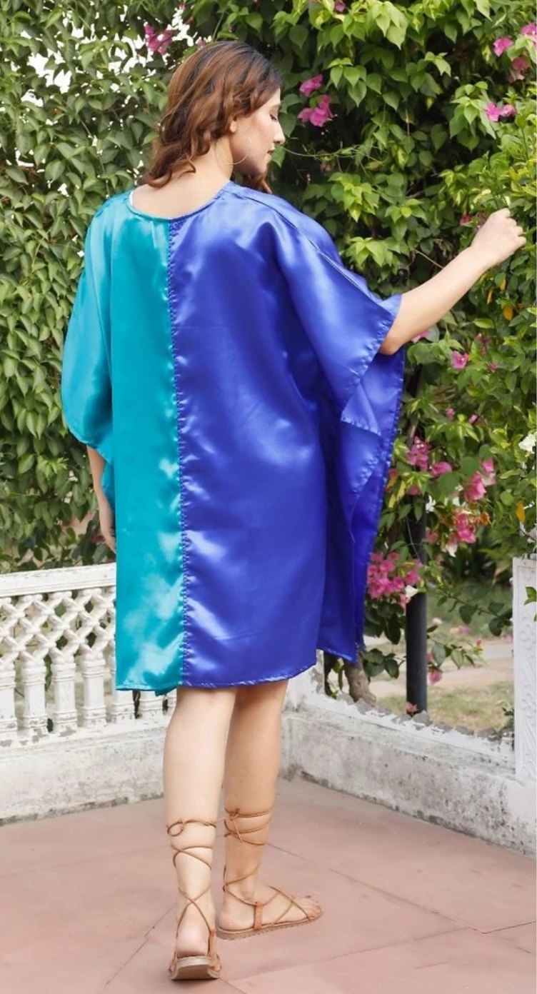 Blue & Teal Colorblock Satin Plus Size Tunic for Women 1X-3X 3/4 Sleeve V Neck | GypsieBlu