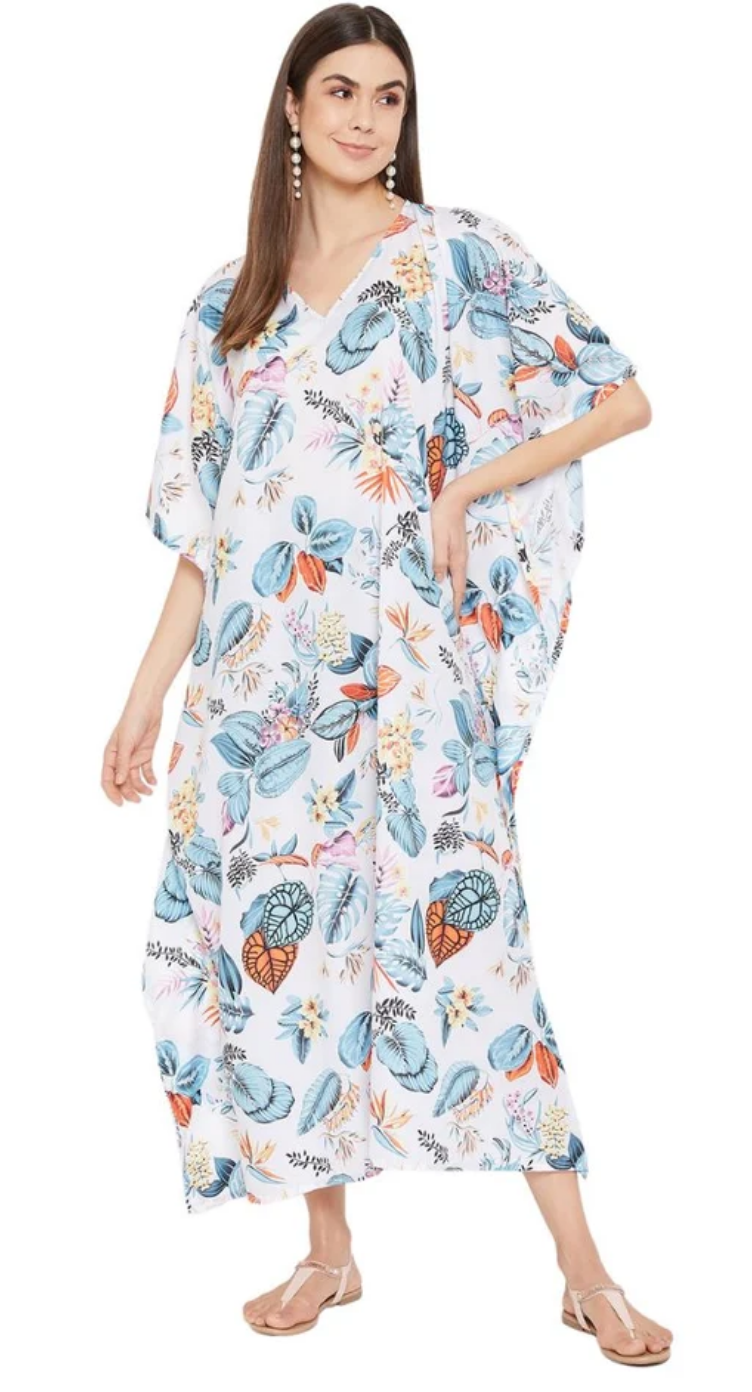 White Botanical Leaf Polyester Plus Size Kaftan for Women 1X-3X | GypsieBlu