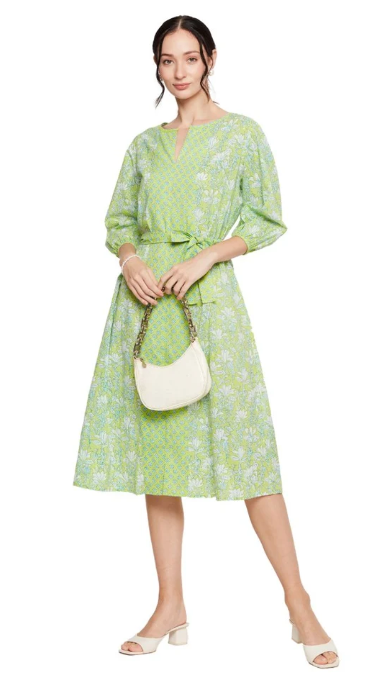 Neon Green Floral Cotton Midi Dress for Women S-XL | GypsieBlu