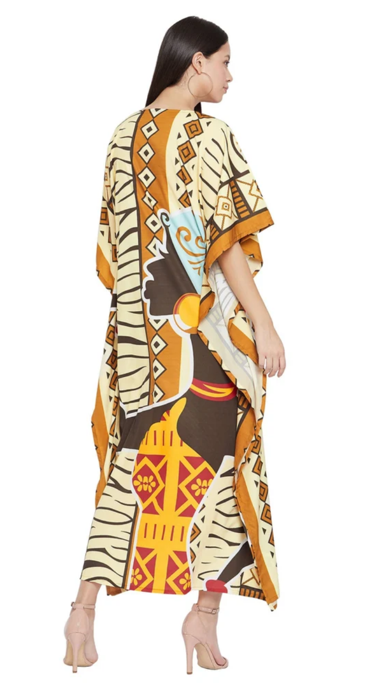 Cream Tribal Patchwork Polyester Plus Size Kaftan for Women 1X-3X | GypsieBlu