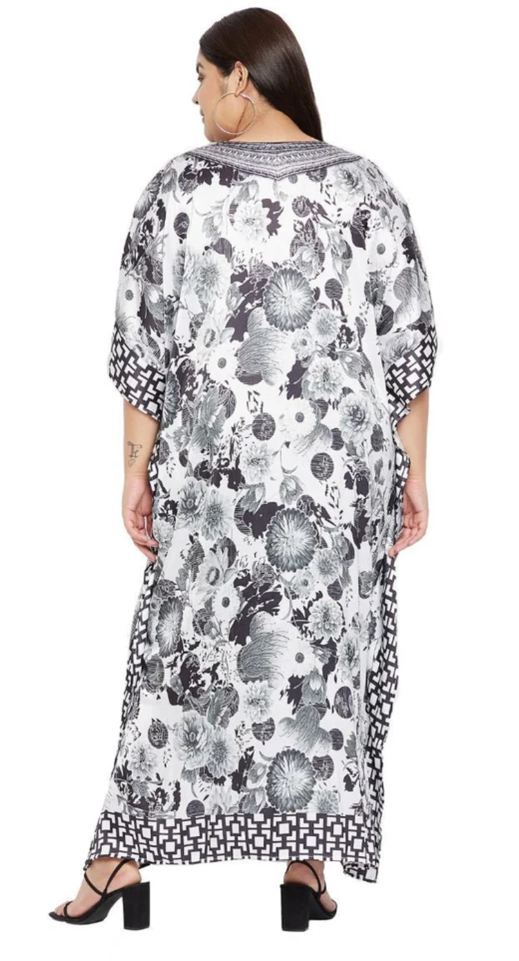 White Monochrome Floral Satin Plus Size Kaftan Dress for Women 1X-3X 3/4 Sleeve | GypsieBlu