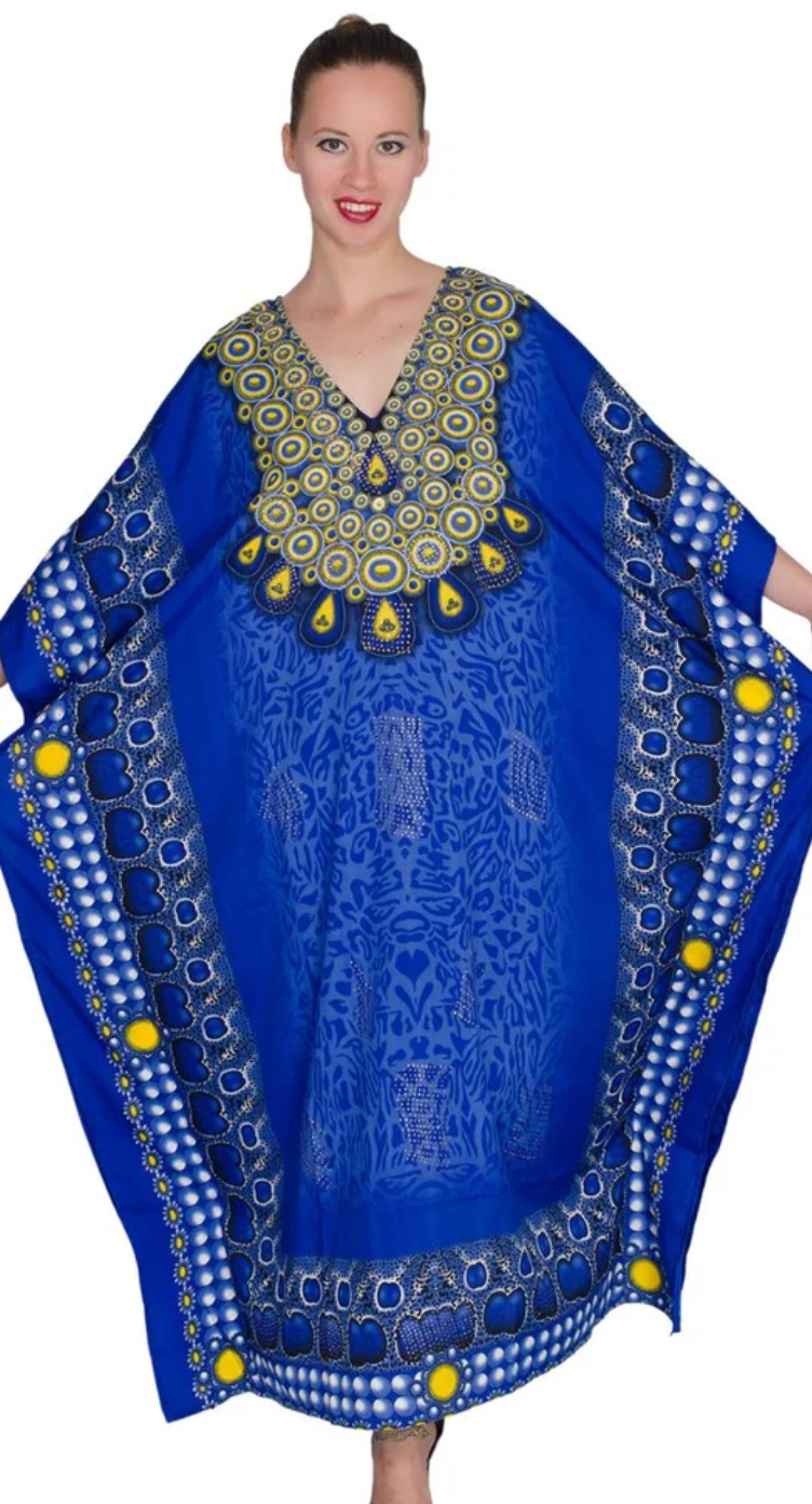 Blue Medallion Circle Polyester Plus Size Kaftan for Women 1X-3X | GypsieBlu