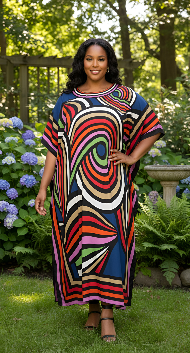 Blue Geometric Polyester Women Plus Size Kaftan Dress