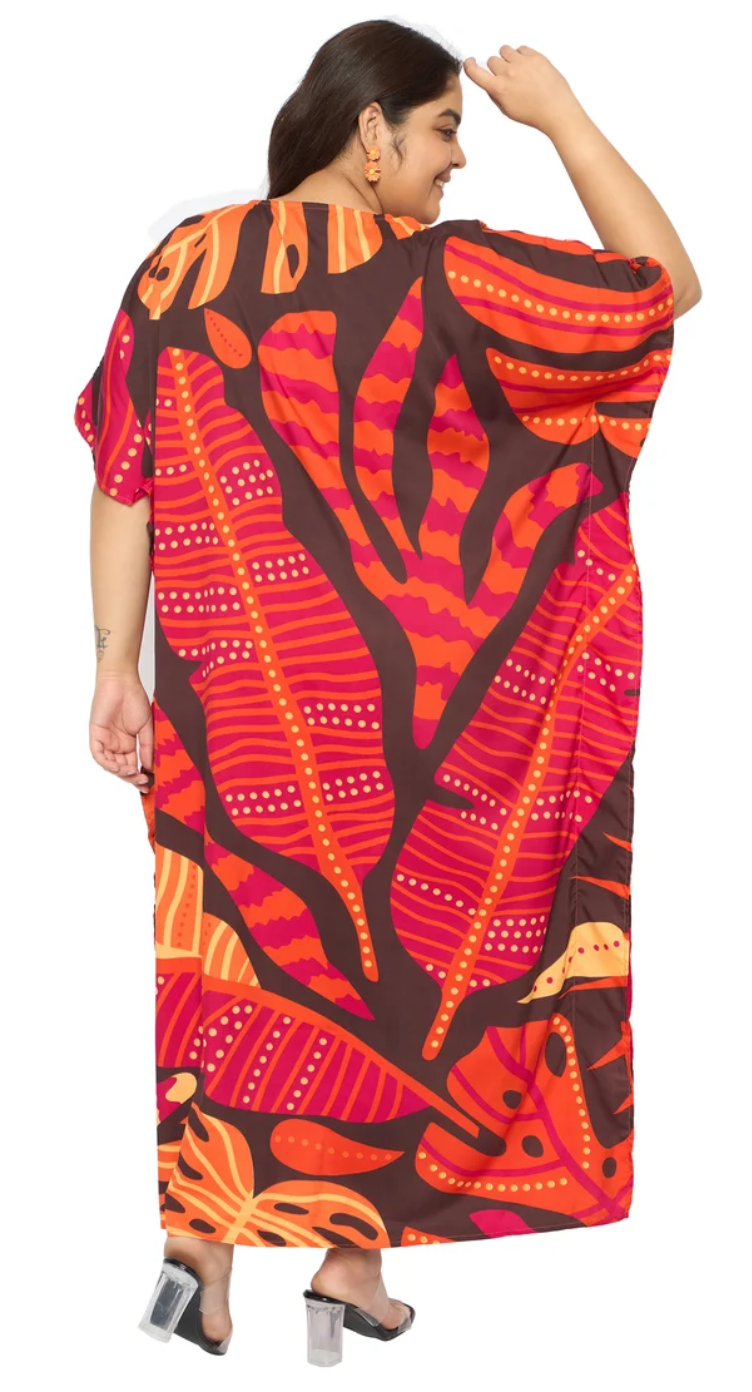 Red Tropical Leaf Polyester Plus Size Kaftan for Women 1X-3X | GypsieBlu