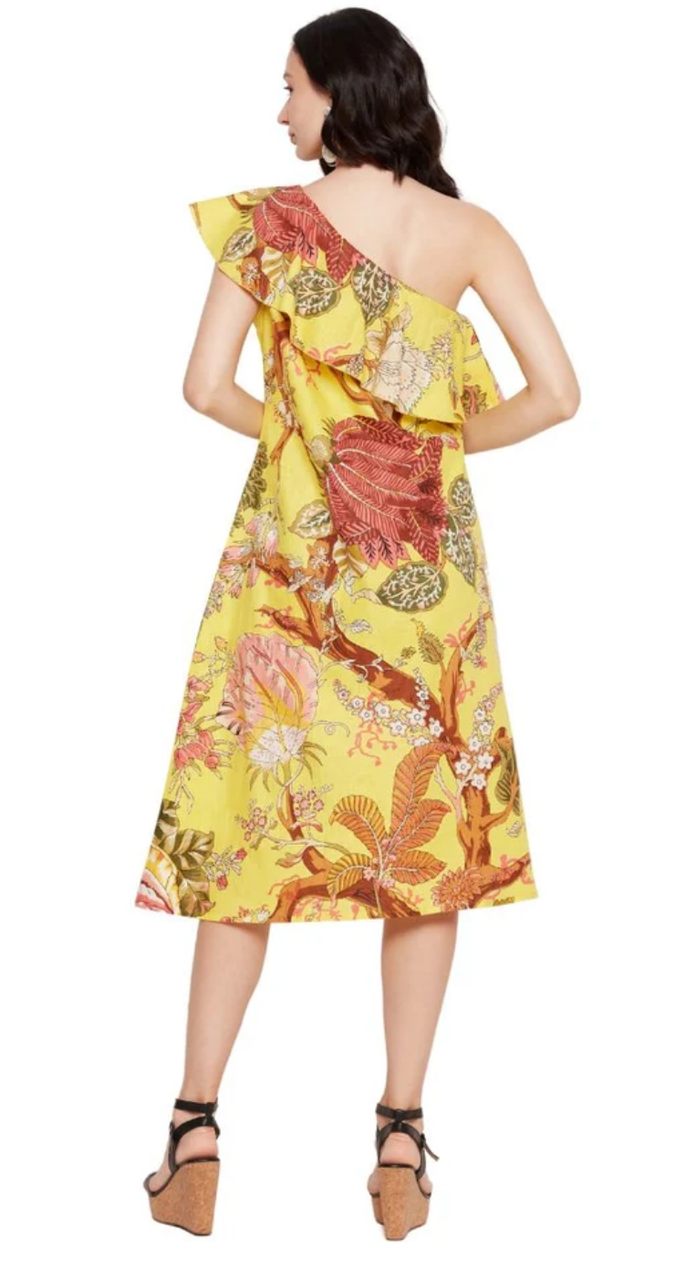 Yellow Floral Cotton Dress for Women S-XL Sleeveless Asymmetric Neck | GypsieBlu