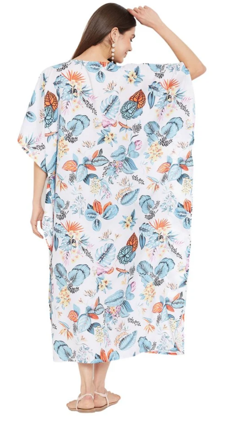 White Botanical Leaf Polyester Plus Size Kaftan for Women 1X-3X | GypsieBlu