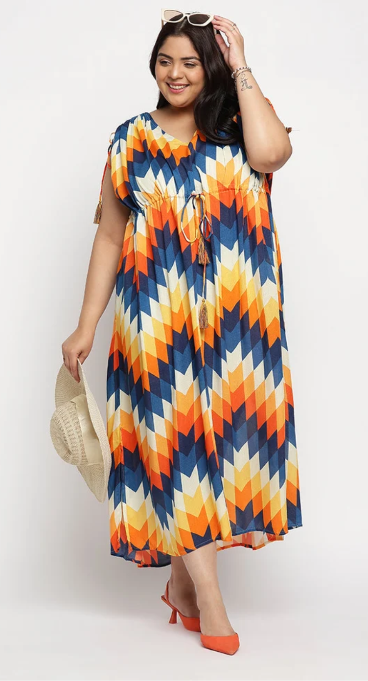 Multicolor Chevron Zigzag Rayon Plus Size Kaftan for Women 1X-3X | GypsieBlu