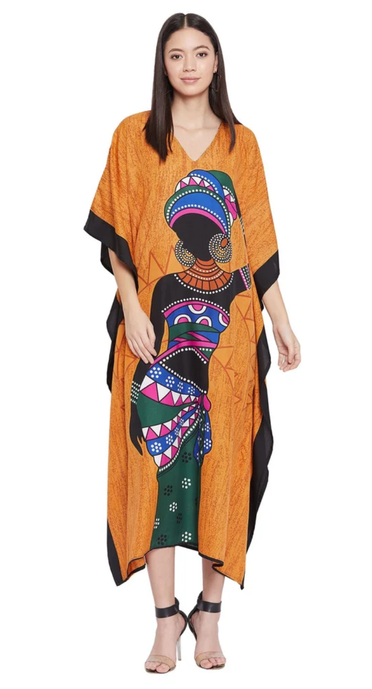 Orange & Black Tribal Woman Polyester Plus Size Kaftan for Women 1X-3X V Neck | GypsieBlu