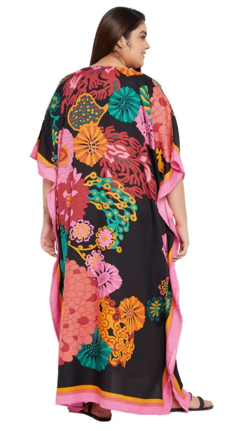 Black Floral Bouquet Polyester Plus Size Kaftan for Women 1X-3X | GypsieBlu