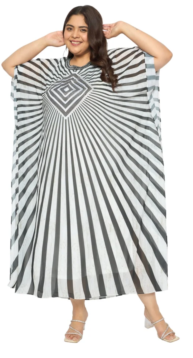 GypsieBlu Black & White Georgette Kaftan for Women Kimono Sleeve Missy-Size - Optical Sunburst Stripe Print