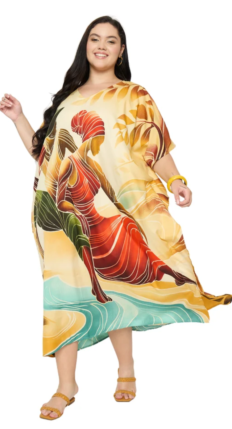 Cream Tropical Beach Polyester Plus Size Kaftan for Women 1X-3X | GypsieBlu