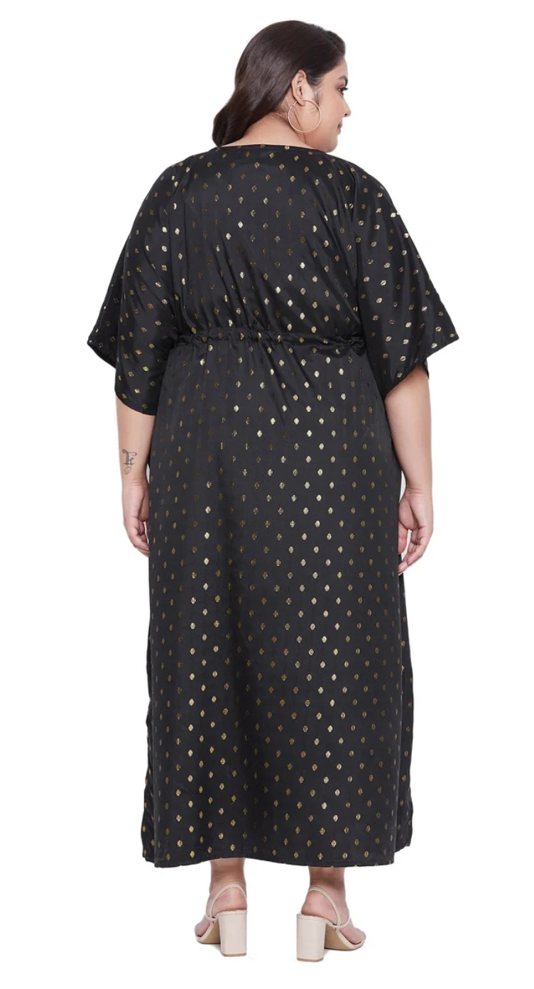 Black Rayon Polka Dot Plus Size Kaftan Dress for Women 1X-3X 3/4 Sleeve V Neck | GypsieBlu