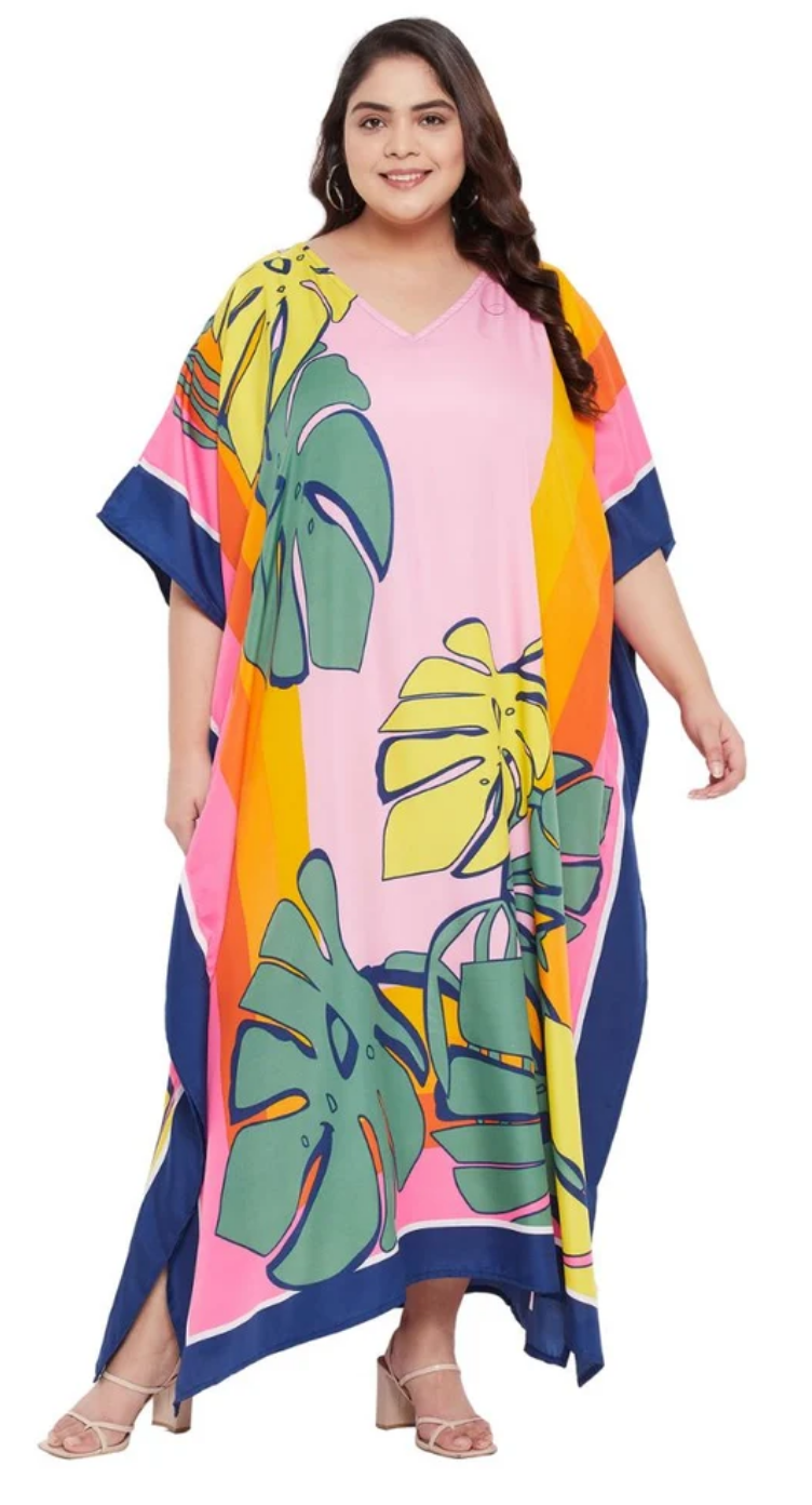 Multicolor Tropical Monstera Plus Size Kaftan for Women 1X-3X | GypsieBlu