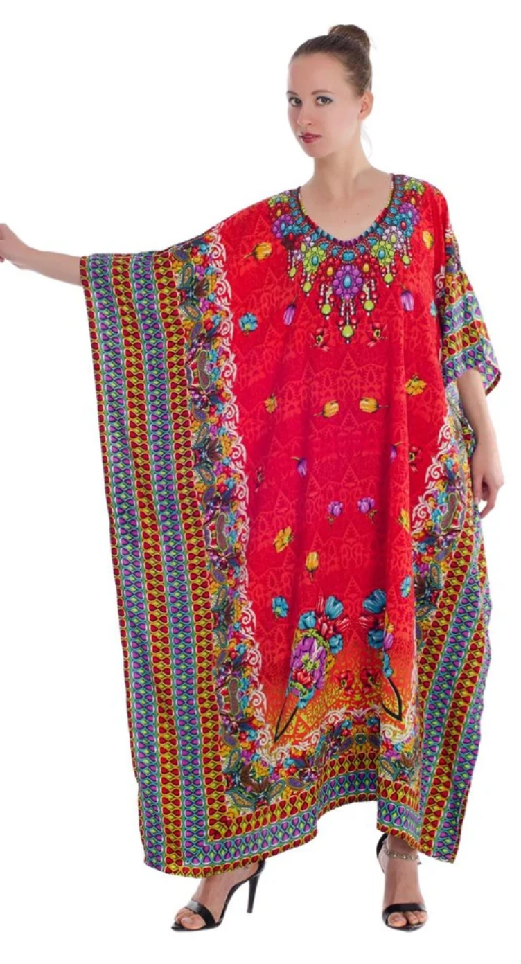 Red Paisley Tribal Polyester Plus Size Kaftan for Women 1X-3X | GypsieBlu