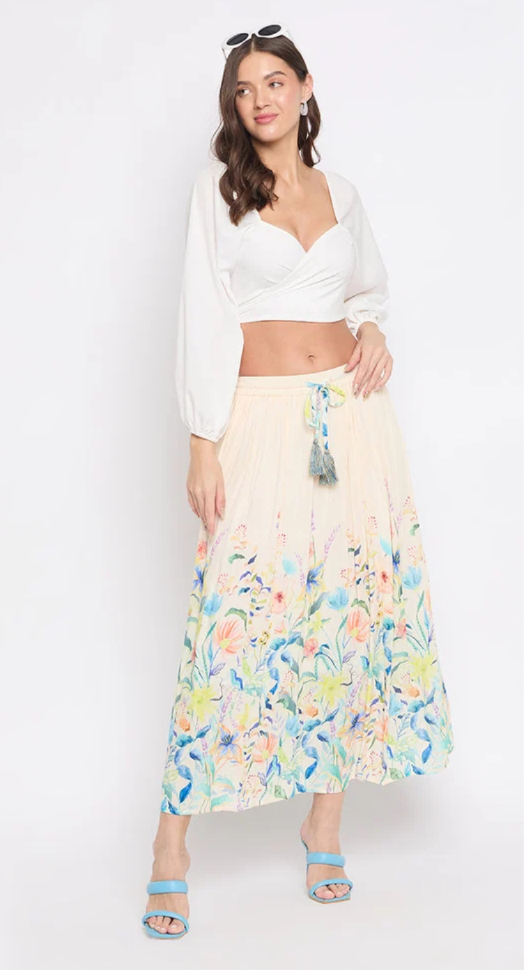 Off-White Floral Border Rayon Skirt for Women S-XL | GypsieBlu