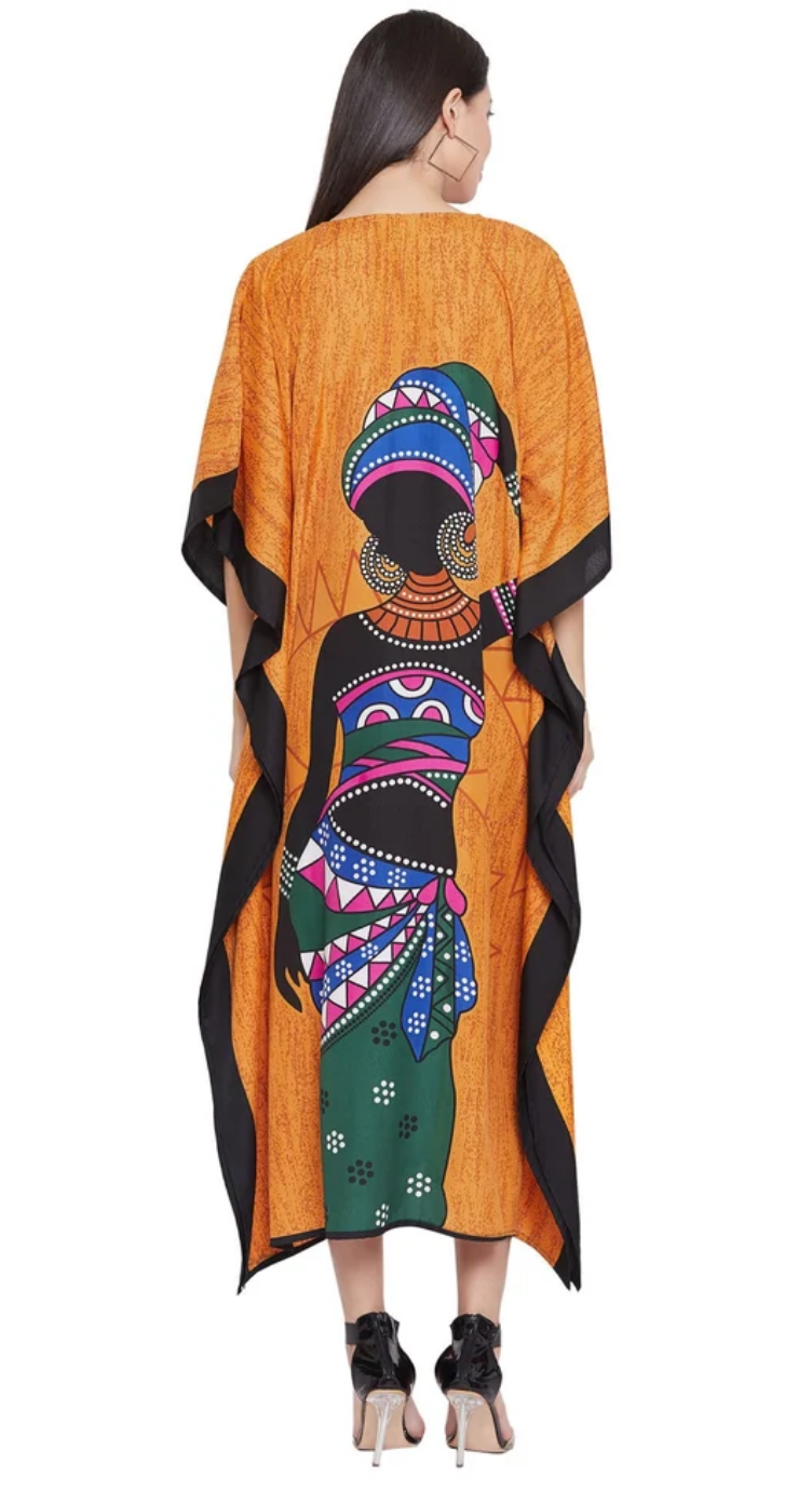 Orange & Black Tribal Woman Polyester Plus Size Kaftan for Women 1X-3X V Neck | GypsieBlu