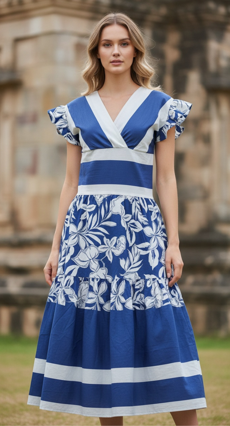 Women's Blue White Printed Cotton Midi Dress V Neck Fit Flare Boho - S M L XL - SKU RF-S26-109 S - Gypsie Blu