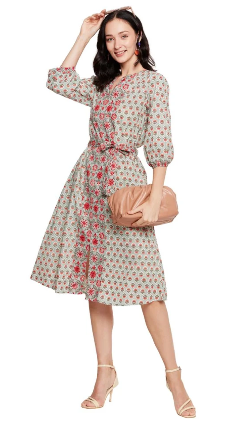 Pista Green Floral Cotton Button Neck Midi Dress for Women S-XL 3/4 Sleeve | GypsieBlu