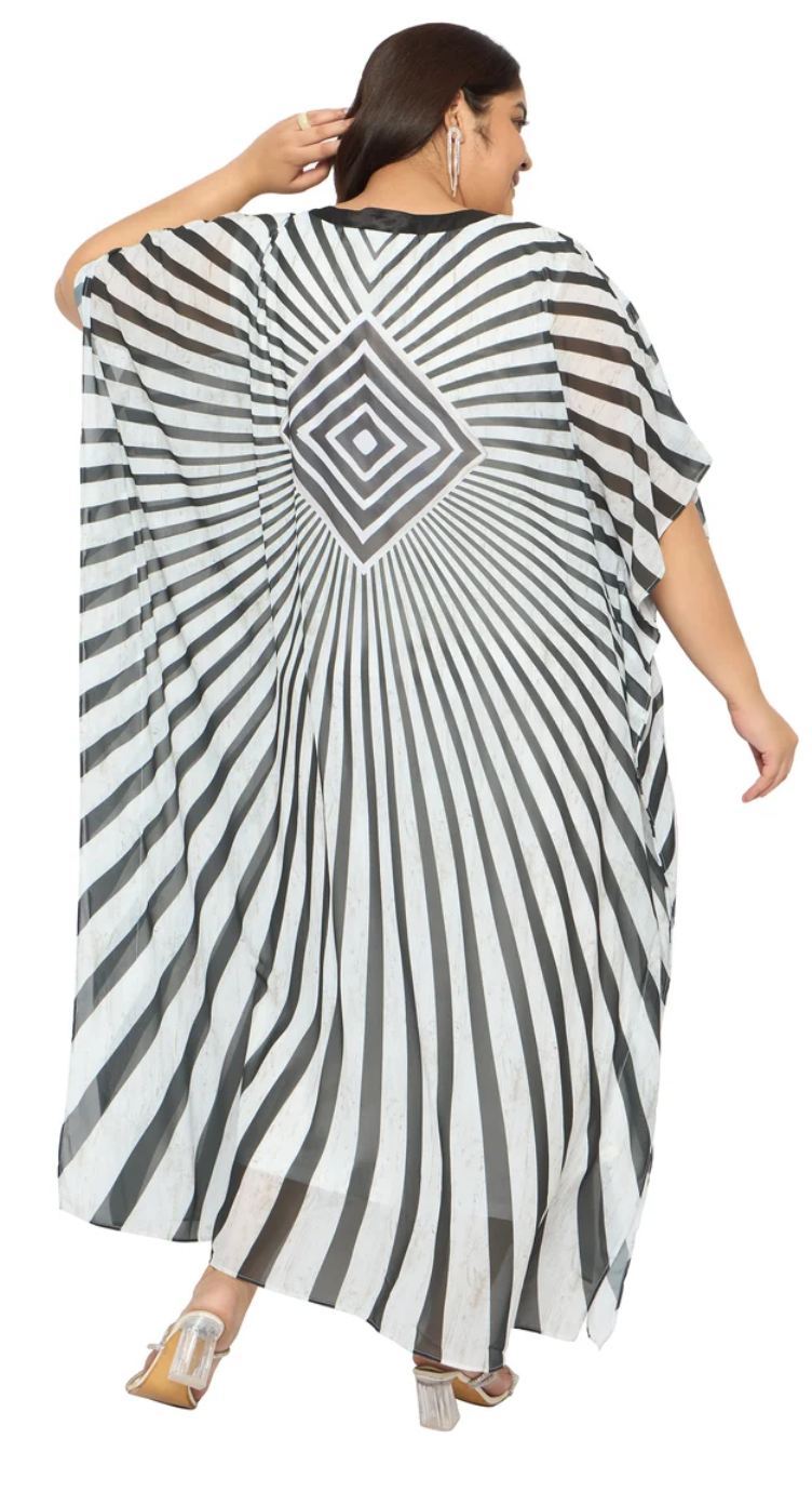 GypsieBlu Black & White Georgette Kaftan for Women Kimono Sleeve Missy-Size - Optical Sunburst Stripe Print