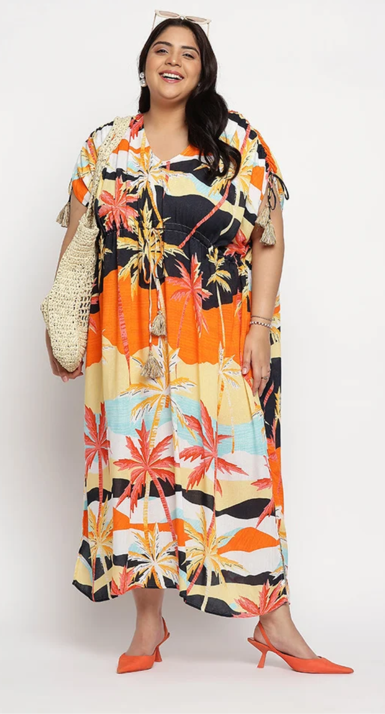 GypsieBlu Orange Multicolor Rayon Plus Size Kaftan for Women 3/4 Sleeve 1X-3X - Tropical Palm Sunset Scenic Print