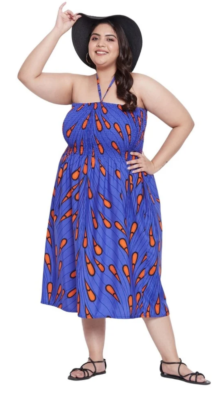 Blue African Ankara Polyester Plus Size Midi Tube Dress for Women 1X-3X | GypsieBlu