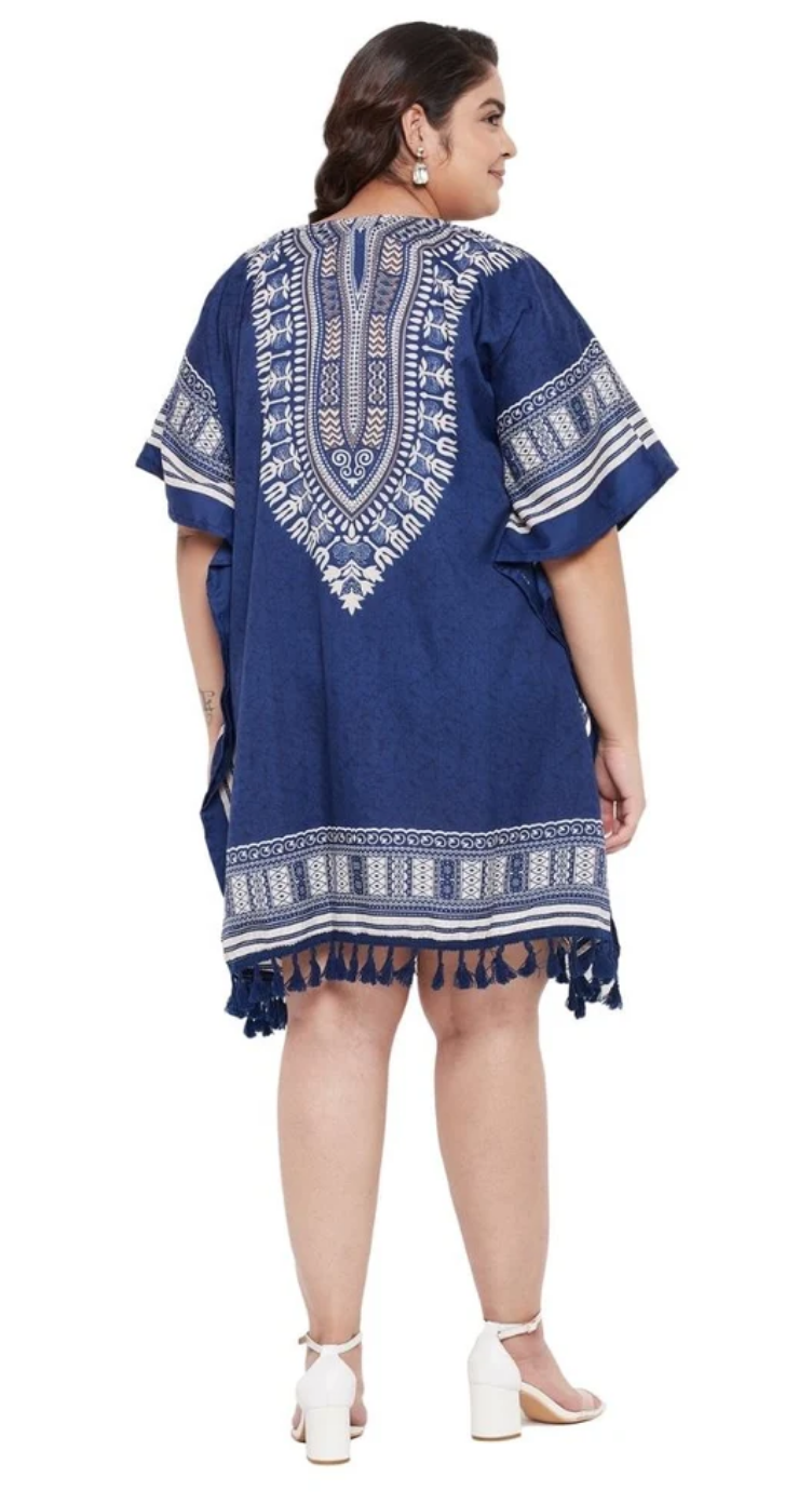 Navy Blue Dashiki Tribal Border Polyester Plus Size Tunic for Women 1X-3X V Neck | GypsieBlu