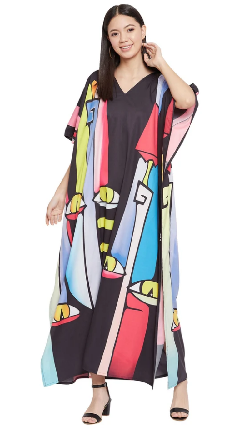 Black Cubist Abstract Polyester Plus Size Kaftan for Women 1X-3X | GypsieBlu
