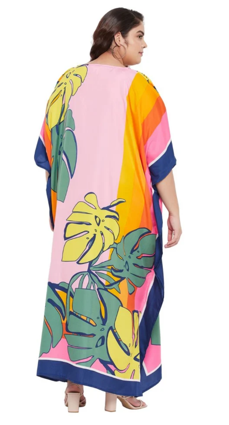 Multicolor Tropical Monstera Plus Size Kaftan for Women 1X-3X | GypsieBlu