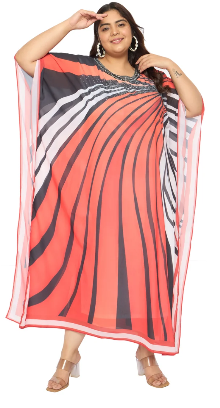 GypsieBlu Coral & Black Georgette Kaftan for Women Kimono Sleeve Missy-Size - Spiral Wave Stripe Print