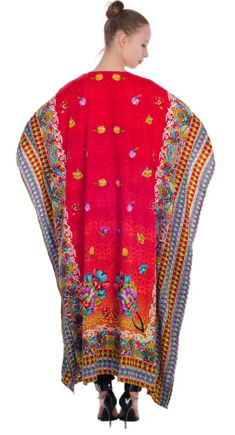 Red Paisley Tribal Polyester Plus Size Kaftan for Women 1X-3X | GypsieBlu