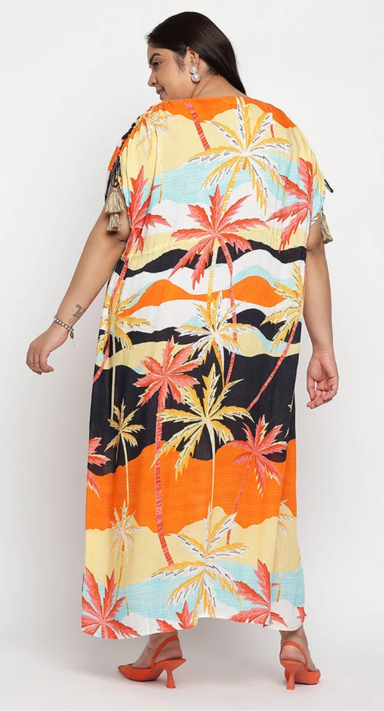 GypsieBlu Orange Multicolor Rayon Plus Size Kaftan for Women 3/4 Sleeve 1X-3X - Tropical Palm Sunset Scenic Print