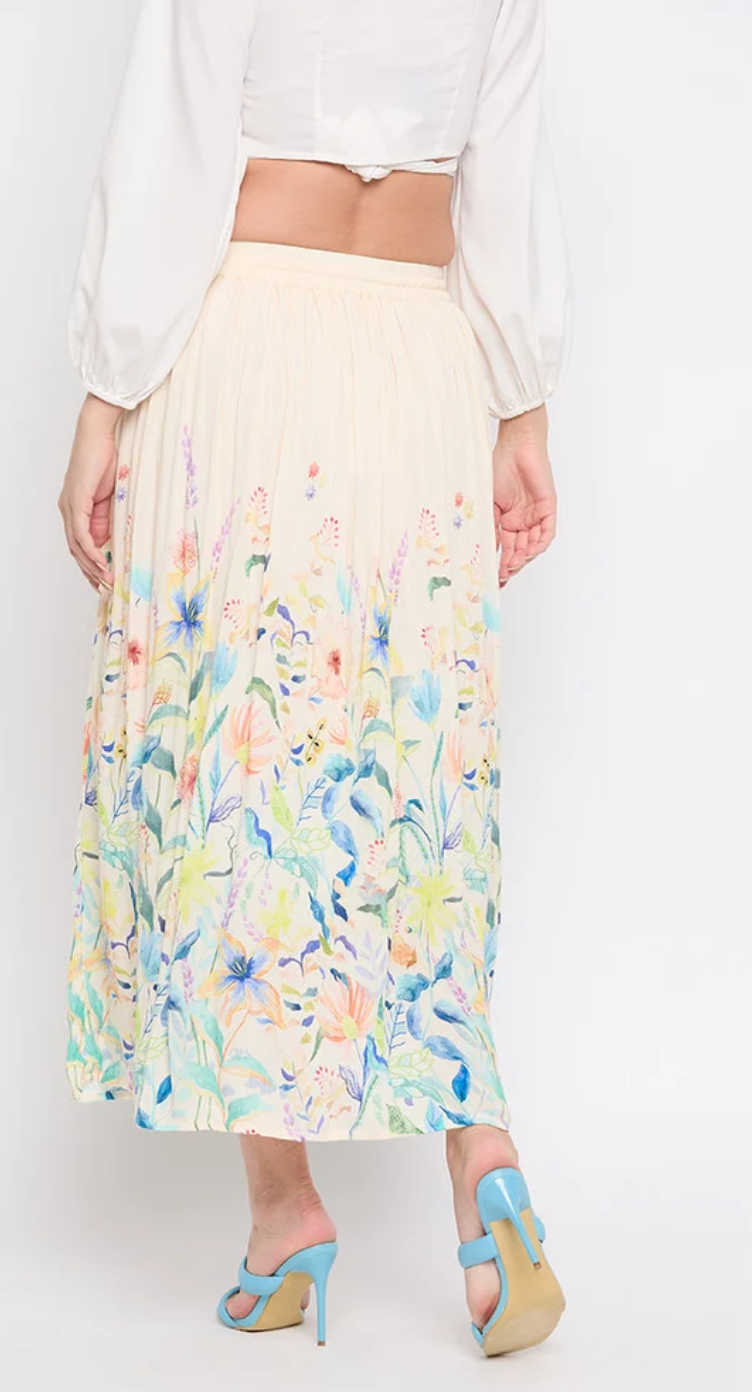 Off-White Floral Border Rayon Skirt for Women S-XL | GypsieBlu