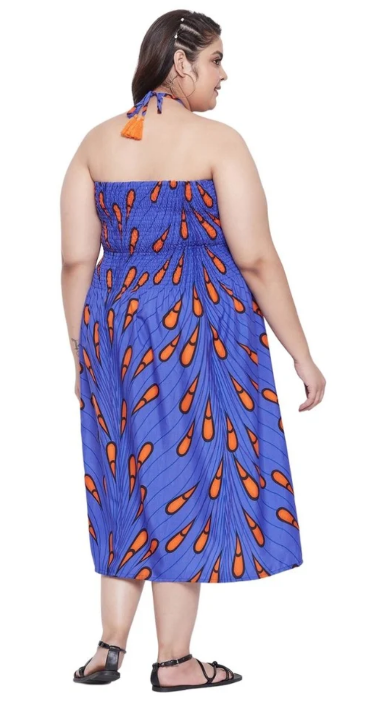 Blue African Ankara Polyester Plus Size Midi Tube Dress for Women 1X-3X | GypsieBlu