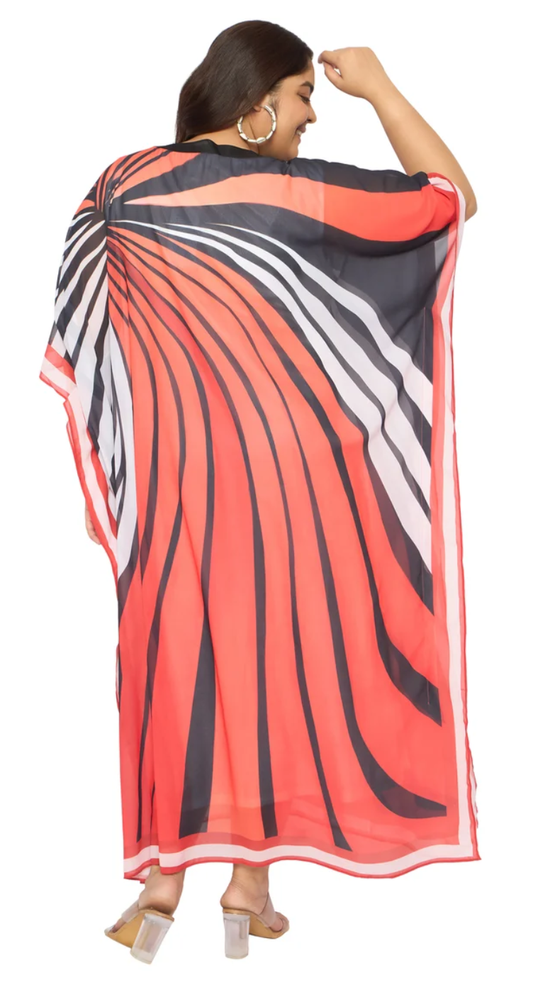 GypsieBlu Coral & Black Georgette Kaftan for Women Kimono Sleeve Missy-Size - Spiral Wave Stripe Print