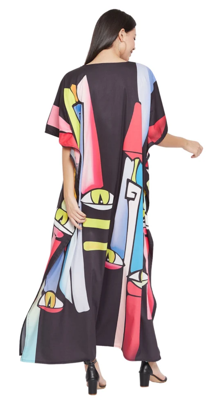 Black Cubist Abstract Polyester Plus Size Kaftan for Women 1X-3X | GypsieBlu