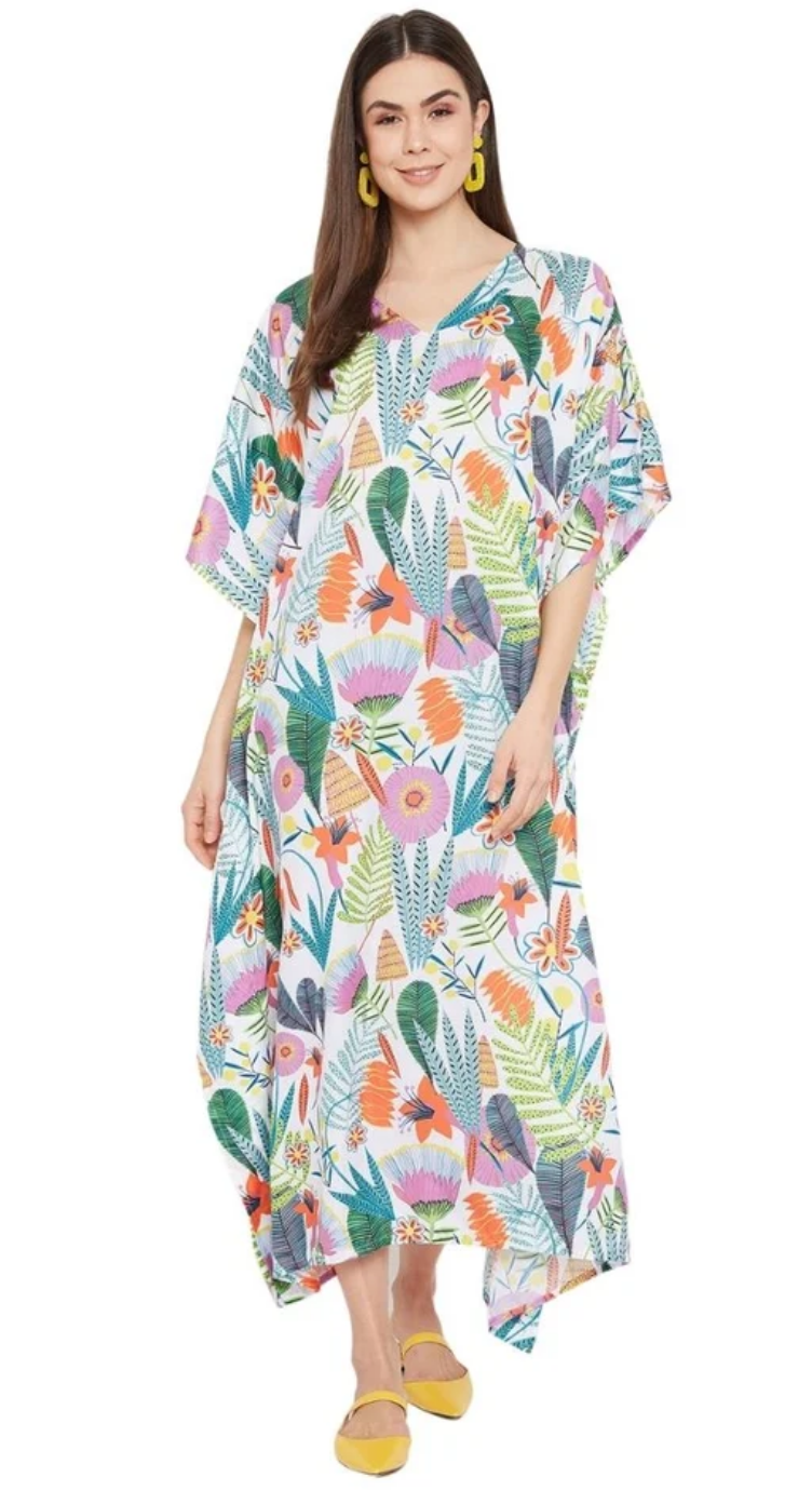 Multicolor Tropical Fern Polyester Plus Size Kaftan for Women 1X-3X | GypsieBlu