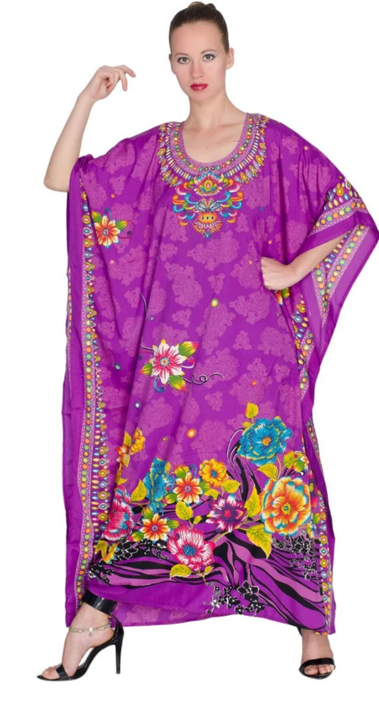 Purple Tropical Floral Polyester Plus Size Kaftan for Women 1X-3X | GypsieBlu