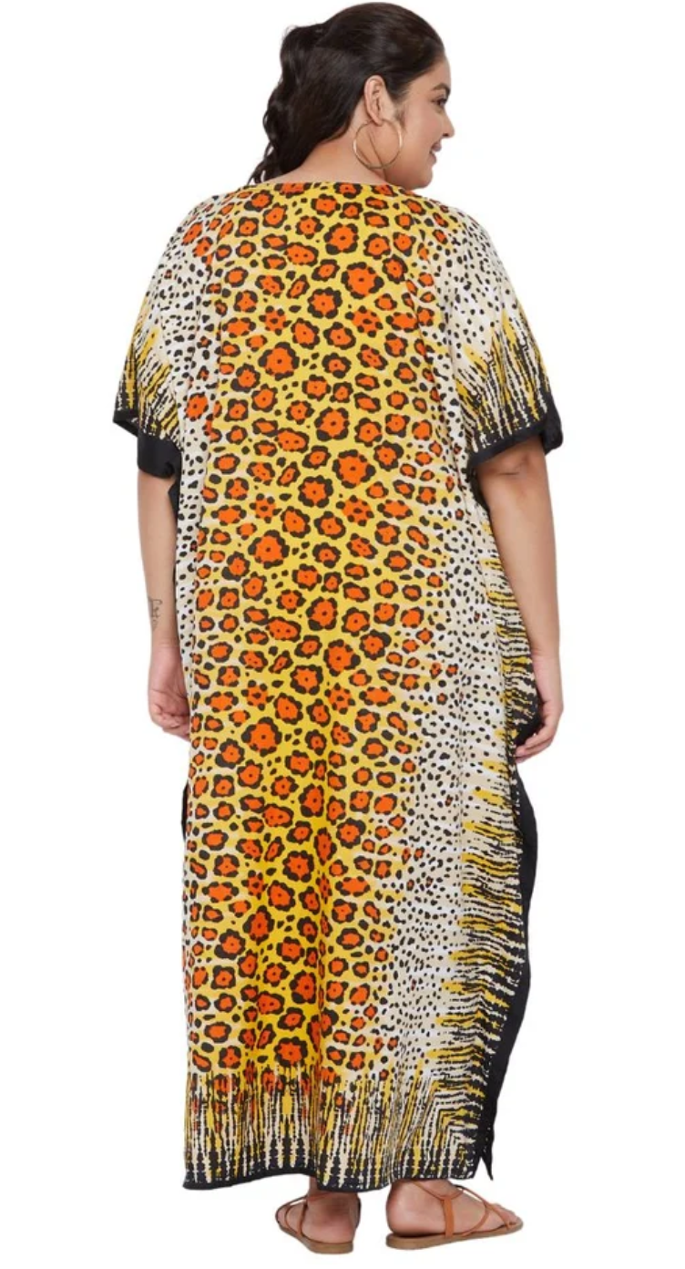 Orange & Black Leopard Polyester Plus Size Kaftan for Women 1X-3X 3/4 Sleeve | GypsieBlu