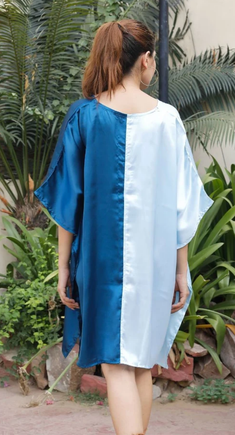 White & Teal Colorblock Satin Plus Size Tunic for Women 1X-3X 3/4 Sleeve V Neck | GypsieBlu