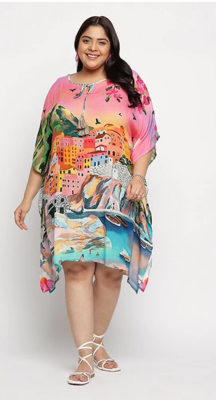 Multicolor Coastal Riviera Handkerchief-Hem Rayon Plus Size Kaftan for Women 1X-3X | GypsieBlu