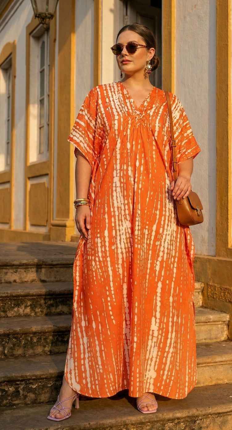 Orange Tie Dye Polyester Women Plus Size Kaftan Vacation Dress 1X-3X