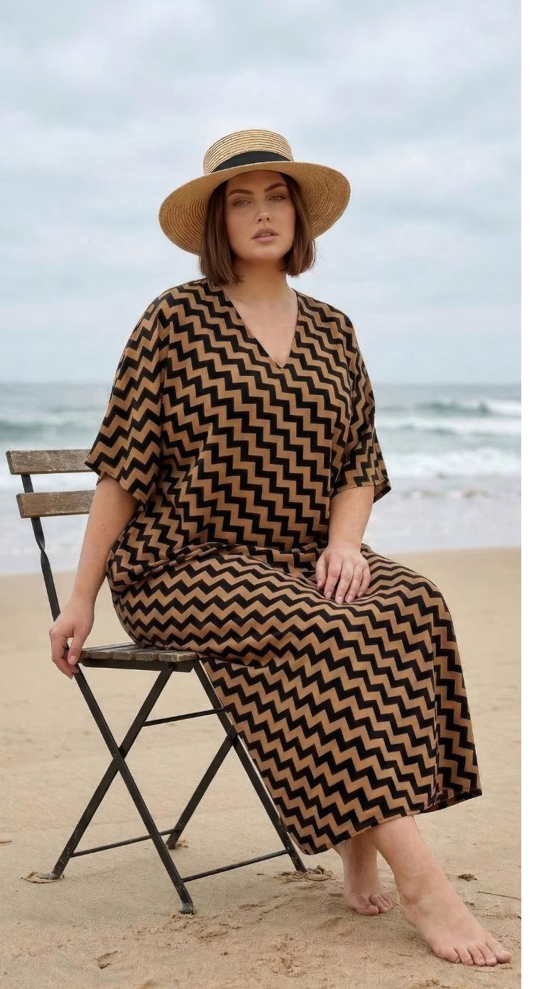 Brown Chevron Polyester Women Plus Size Kaftan Resort Dress 1X-3X - SKU KT52-1002 - Gypsie Blu