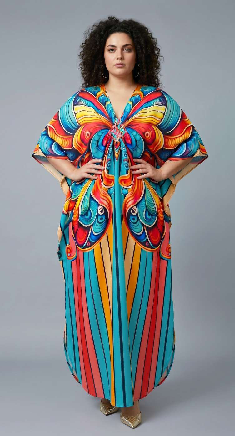 Turquoise Butterfly Print Polyester Women Plus Size Kaftan Vacation Dress 1X-3X