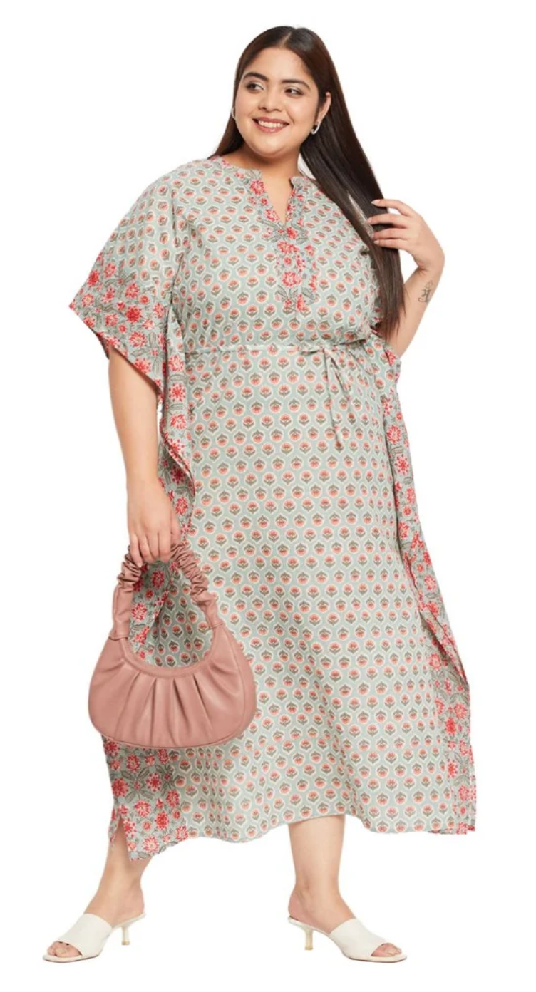 GypsieBlu Green Floral Plus Size Cotton Kaftan Dress for Women 3/4 Sleeve 1X-3X