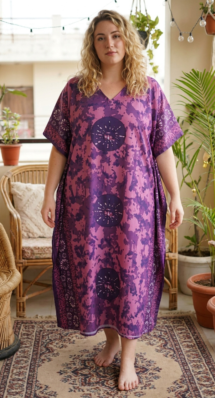 Purple Abstract Polyester Women Plus Size Kaftan Poolside Dress