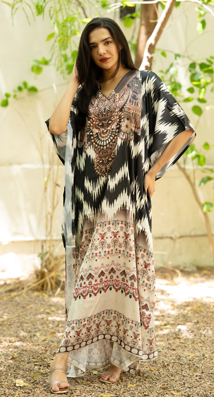 Black Cream Ikat Satin Women Plus Size Kaftan Brunch Dress