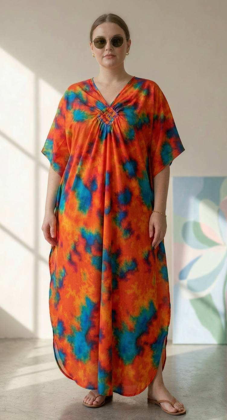 Orange Tie Dye Polyester Women Plus Size Kaftan Festival Dress 1X-3X