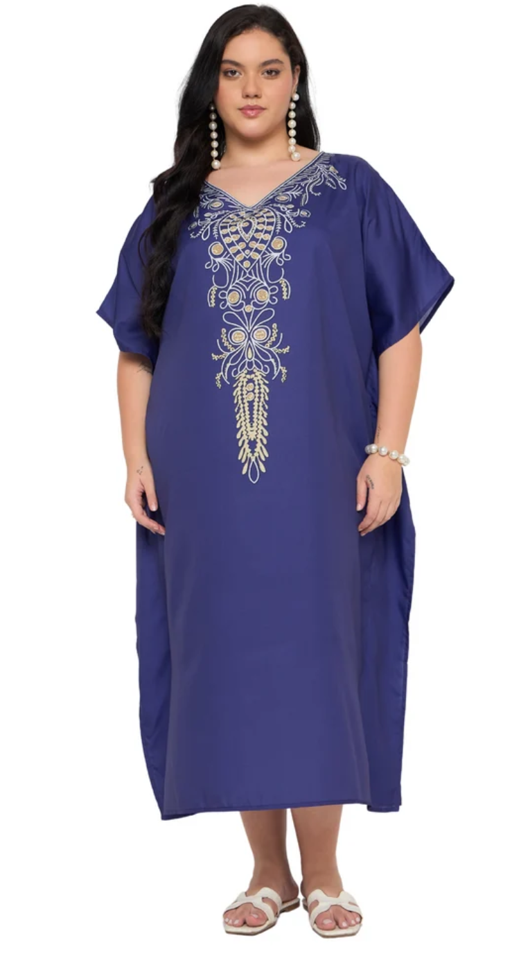 Royal Blue Floral Polyester Plus Size Kaftan for Women 1X-3X | GypsieBlu